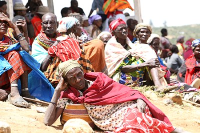 Elderly Samburu women patiently wait for the distribution of relief food at Maral (file photo).