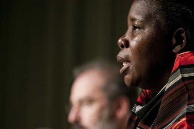 Ugandan farmer Constance Okollet, right, addressed a civil society 