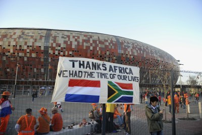 A sign on the fence outside Soccer City during the 2010 World Cup (file photo).
