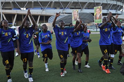 The national women soccer team, Twiga Stars, players celebrate after beating Eritrea 8-1 in their Africa Women Championship qualifier at Uhuru Stadium yesterday.