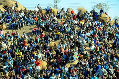 Striking Lonmin miners gather on a hill near the Marikana mine during a protest action August 2012 (file photo).