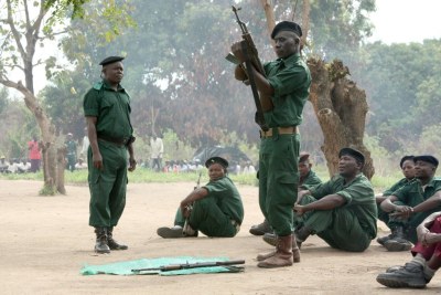 Renamo soldiers at training in the bush