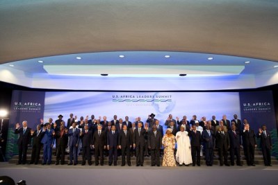 President Barack Obama joins African leaders for a group photo during the U.S.-Africa Leaders Summit at the U.S. Department of State in Washington, D.C., Aug. 6, 2014.