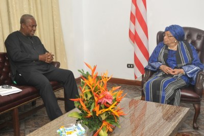 President Sirleaf meets with her Ghanaian counterpart John Mahama during a brief visit to Monrovia on Monday, September 15