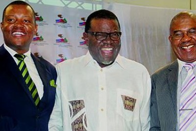President-elect Hage Geingob flanked by DTA leader McHenry Venaani (left) and Nudo leader Asser Mbai after the announcement of election results at the Electoral Commission of Namibia headquarters in Windhoek.