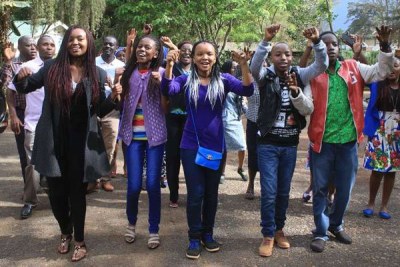 Nyeri Good Shepherd School pupils who attained over 400 marks celebrate at their school on December 1, 2016. The results were released by the Minister for education.