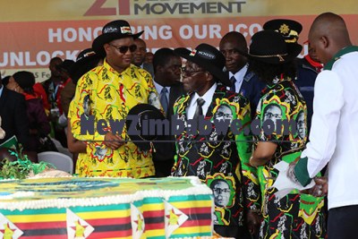 President Robert Mugabe with guests at his 93rd birthday celebrations.