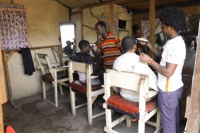 A makeshift barber shop in Kakuma camp (file photo)