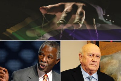 Top: title image of former public protector Thuli Madonsela's 'State Capture report. Bottom-left: Former president Thabo Mbeki. Bottom-right: Former president FW De Klerk.