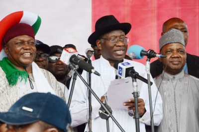 Gov.Taraba State, Darius Ishaku, Former President, Goodluck Jonathan and Former Vice President, Namadi Sambo during Peoples Democratic Party 2017 Special Non-Elective National Convention in Abuja.