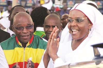 Former First Lady Grace Mugabe greets congregates at a rally.