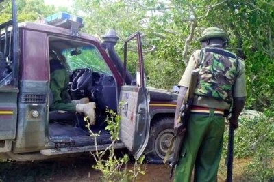 A police escort vehicle which was attacked by suspected Al-Shabaab militants at Nyongoro (file photo).