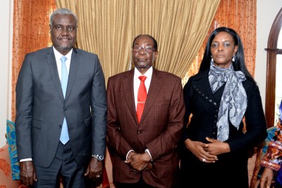 Chairperson of the AU Commission Moussa Faki Mahamat, former president Robert Mugabe and former First Lady Grace Mugabe.