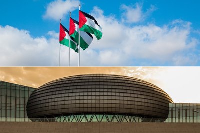Palestinian flag and the AU headquarters in Addis Ababa.