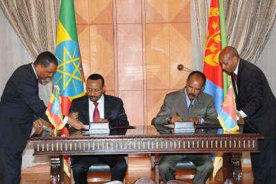 Eritrea and Ethiopia have signed a Joint Declaration of Peace and Friendship today. The Agreement, which specifies five pillars, was signed this morning at State House by President Isaias Afwerki and Prime Minister Abiy Ahmed