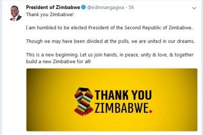 President Emmerson Mnangagwa's message on Twitter after being declared winner in the presidential election.