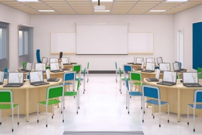 An artistic impression of a smart classroom with laptops.