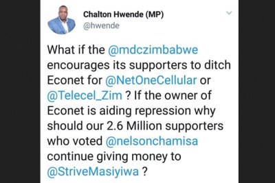 Chalton Hwende tweet.