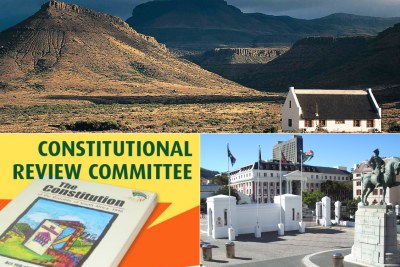 Top: A farmhouse in the Free State. Bottom-left: Media image of the Constitutional Review Committee. Bottom-right: The National Assembly building in Cape Town.