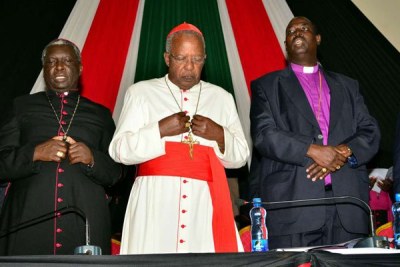 Archbishop Philip Anyolo, left, His Eminence John Cardinal Njue, middle, and Archbishop Jackson Ole Sapit attend the Multi-Sectoral Forum at Ufungamo House in Nairobi on July 27, 2017.