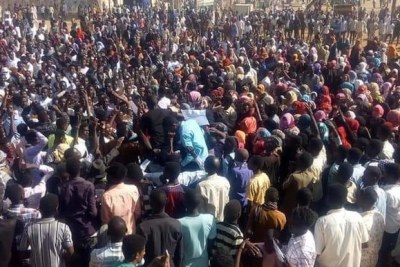 A crowd protests the skyrocketed bread and fuel prices, among others, in El Gezira Aba in White Nile state, on December 21.