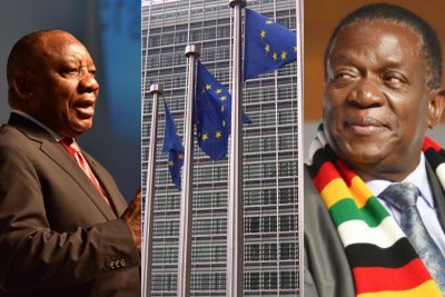 Left: South African President Cyril Ramaphosa. Centre: European Union flags. Right: Zimbabwean President Emmerson Mnangagwa.