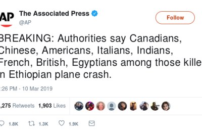 The Associated Press tweet about the Ethiopian Airlines plane crash.
