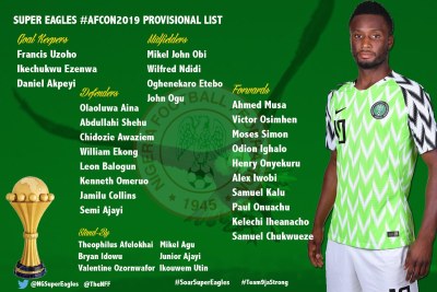 The Super Eagles 25-Man Afcon 2019 provisional squad.