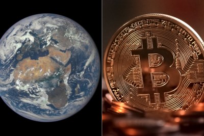 Left: Satellite image of Africa. Right: Bitcoin mock-up.