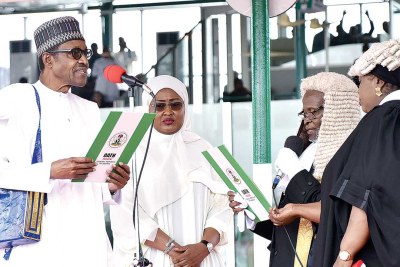 President Muhammadu Buhari and his wife, Aisha during the presidential inauguration at the Eagle Square, Abuja