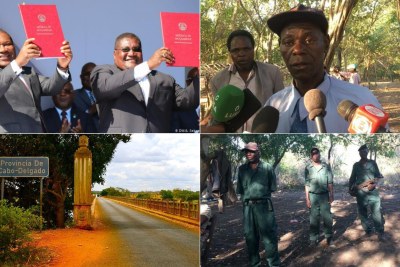 President Filipe Nyusi and Renamo leader Ossufo Momade (top left)  Renamo Military Junta leader Mariano Nhongo (top right), Cabo Delgado (bottom left) and Renamo military Junta militia (bottom right).