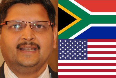 Left: Atul Gupta. Top-right: South African flag. Bottom-right: U.S. flag.