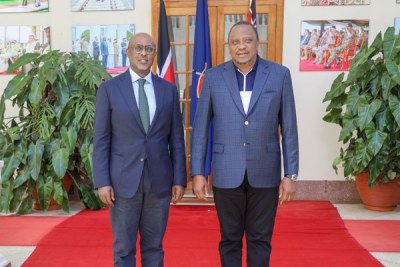 President Uhuru Kenyatta with Abebe Selassie, the IMF's Director for African Departments, during their meeting at State House in Nairobi on October 28, 2019.