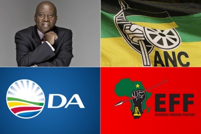 Top-left: Former Johannesburg mayor Herman Mashaba. Top-right: African National Congress flag. Bottom-left: Democratic Alliance logo. Bottom-right: Economic Freedom Fighters logo.