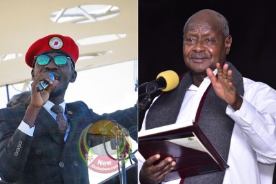 Robert Kyagulanyi, better known as Bobi Wine, left, President Yoweri Museveni (file photo).