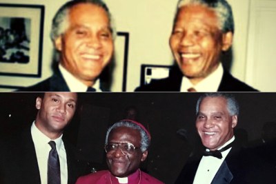 Africare co-founder Dr. Joseph C. Kennedy with South African President Nelson Mandela in 1994 (top) and with Archbishop Desmond Tutu and his son Adam Kennedy in 1992.