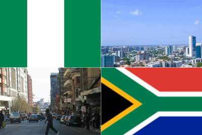 Top: Nigeria flag, Lagos, Bottom: South African flag, Johannesburg city centre