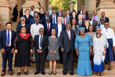 President Cyril Ramaphosa joins Ministers and members of the Presidential Economic Advisory Council at the Union Buildings in Pretoria, following a meeting to tackle the country's economic and development challenges.