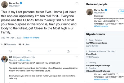 Screenshot of Burna Boy last twitter post.