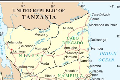A map of Mozambique, showing Cabo Delgado.