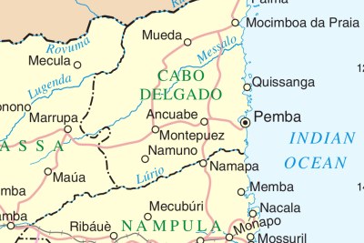 A map of Mozambique, showing Cabo Delgado.