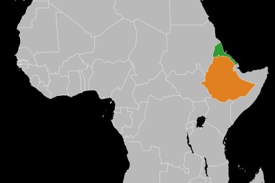 A map showing the location of Etihiopia (orange) and Eritrea (green).