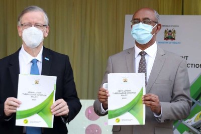 Health Chief Administrative Secretary Rashid Aman (right) and World Health Organization representative for Kenya Dr Rudi Eggers during the launch of Kenya Latent Tuberculosis Infection Policy 2020 in Nairobi.