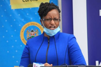 Health Principal Secretary Susan Mochache addressing journalists when she received a donation of Covid-19 kits from the Government of the Republic of Korea at Afya house on June 18.