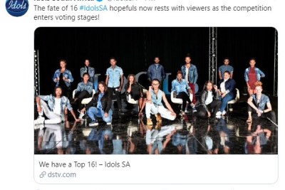 The Twitter announcement of the Idols SA top 16.