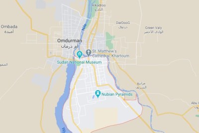 A Google map showing Khartoum and Omdurman, with the White Nile on the left and the Blue Nile on the right.