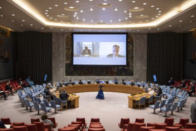 Parfait Onanga-Anyanga, Special Envoy of the Secretary-General for the Horn of Africa, left, and Jean-Pierre Lacroix, right, Under-Secretary-General for Peace Operations, at a 2020 briefing to the  UN Security Council on Sudan and South Sudan and the situation in Abyei.