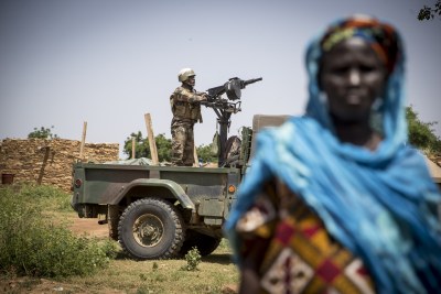 A UN peacekeeper in the village of Diallo in the Bandiagara area in Mopti in Mali.