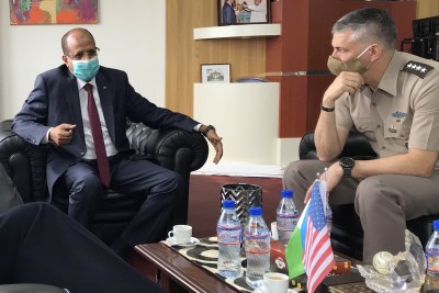 U.S. Army General Stephen Townsend, commander of U.S. Africa Command, meets with Djiboutian Foreign Minister Mahmoud Ali Youssouf on November 26, 2020. Al-Shabaab leader Ahmed Omar Abu Ubaidah accuses the Djibouti government of 