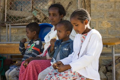 A family displaced from Tigray's western zone who received emergency nutrition from Unicef.